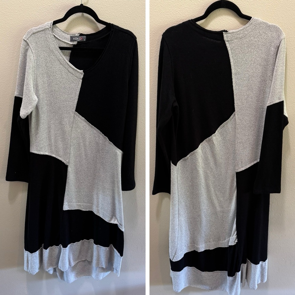 Kekoo Long Sleeve Midi Dress Sz 2 (Large) Black Gray Color‎ Block Raw Hem (1291)